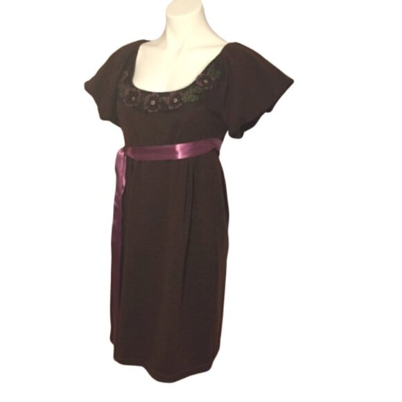 Uncle Frank Chocolate Brown Dress Floral Embellished Neckline Lilac Ribbon Belt - Picture 2 of 7